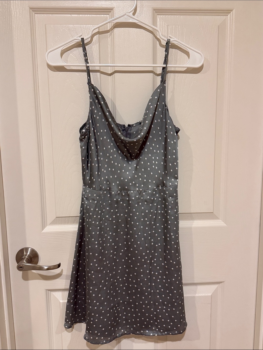 Lulu's Gray Polka Dot Satin Cowl Slip Mini Dress